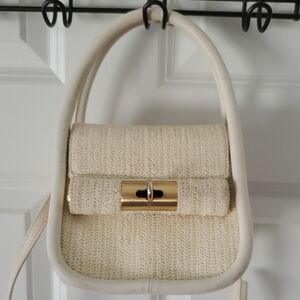 gu_de Vanilla Woven Mini Top-Handle Bag with Gold Turn Lock
